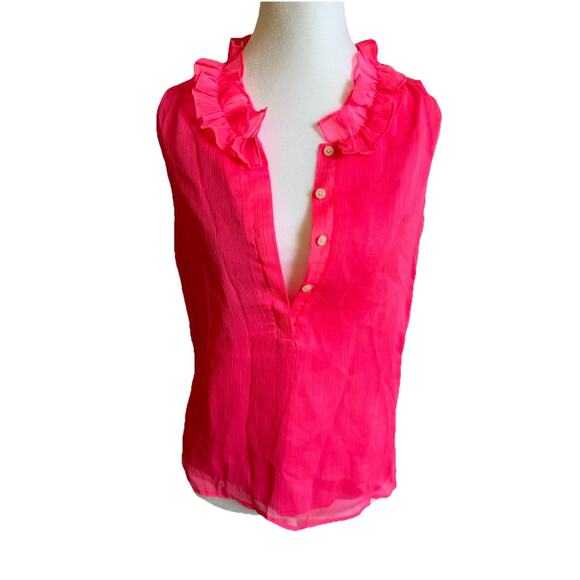 J. Crew Top XS Ruffles Sleeveless Neon Pink Barbie Sheer Summer Shirt 00 Office - Picture 5 of 8